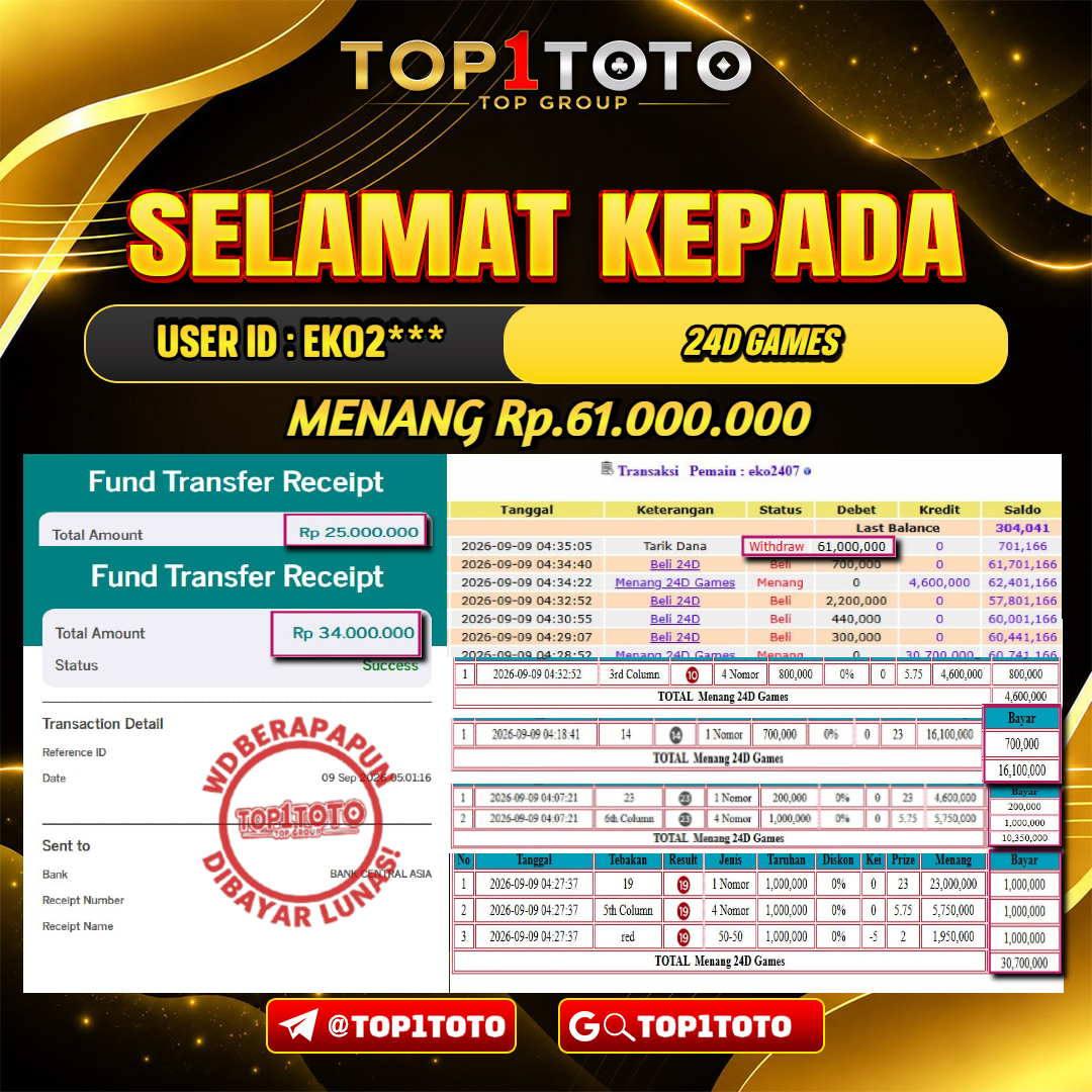 TOP1TOTO JACKPOT LIVE GAMES 24D GAMES Rp.61.000.000 - LUNAS USER ID : EKO2***