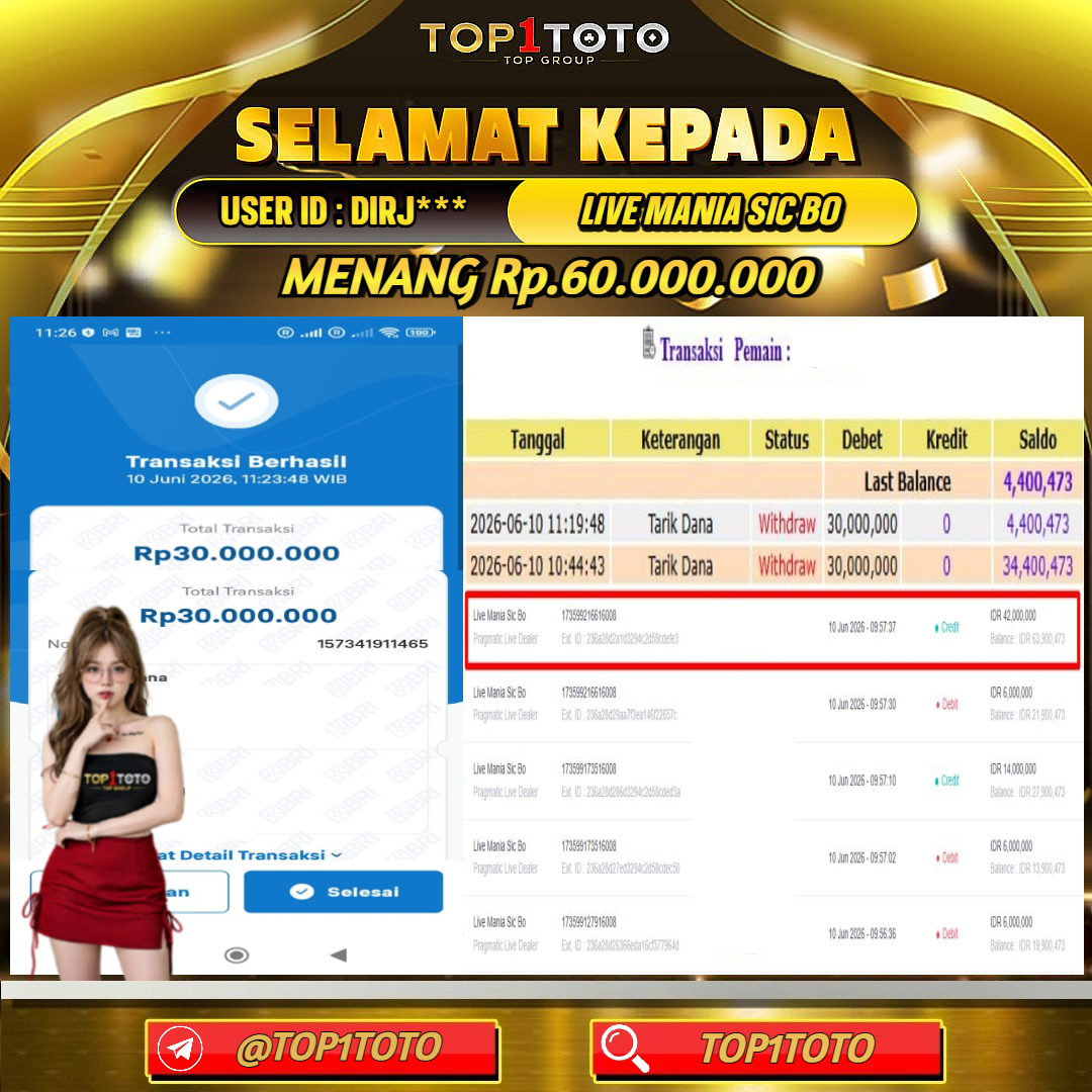 TOP1TOTO JACKPOT LIVE GAMES LIVE MANIA SIC BO Rp 60.000.000 - LUNAS USER ID : DIRJ***