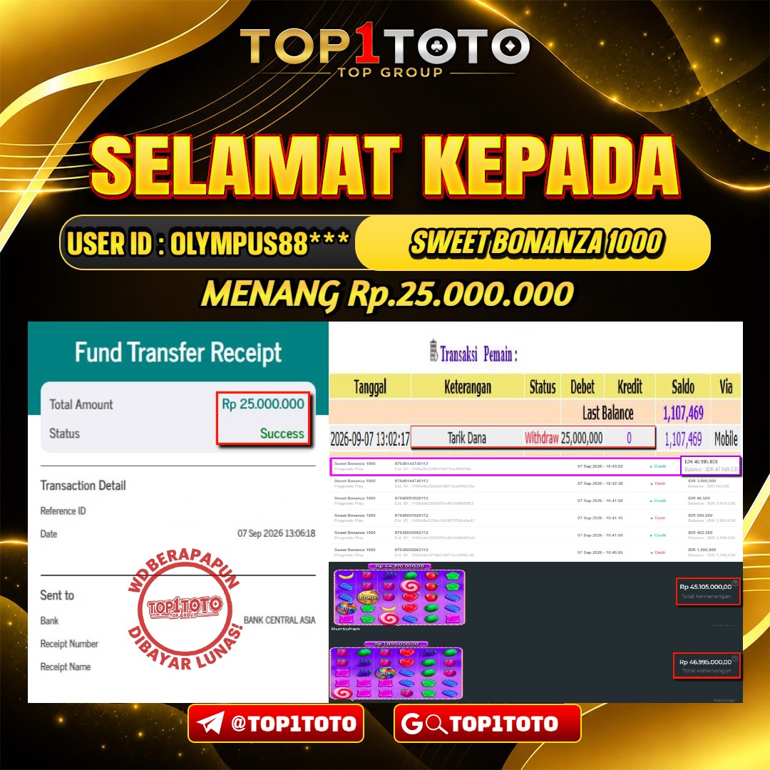 TOP1TOTO JACKPOT SLOT SWEET BONANZA 1000 Rp.25.000.000 - LUNAS USER ID : OLYMPUS88***