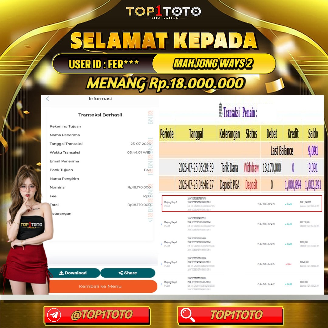 TOP1TOTO JACKPOT SLOT MAHJONG WAYS 2 Rp 18.000.000 - LUNAS USER ID : FER***