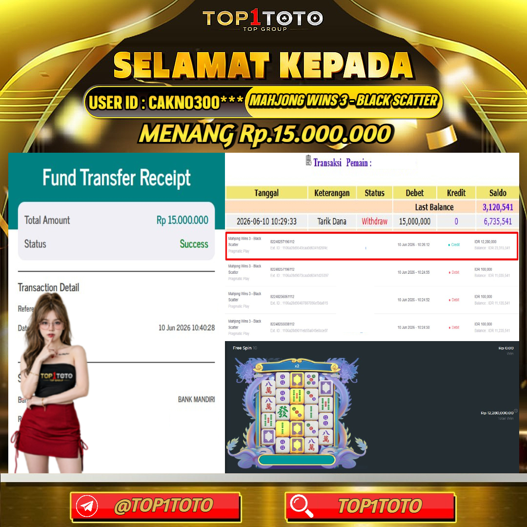 TOP1TOTO JACKPOT SLOT MAHJONG WINS 3 - BLACK SCATTER Rp.15.000.000 - LUNAS USER ID:CAKNO300***