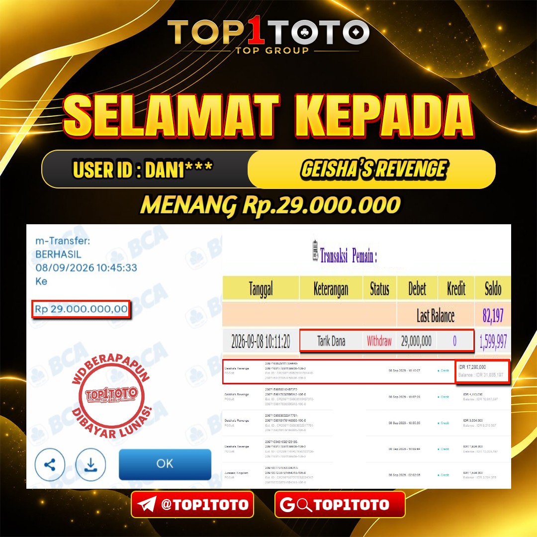 TOP1TOTO JACKPOT SLOT GEISHA'S REVENGE Rp.29.000.000 - LUNAS USER ID : DAN1***