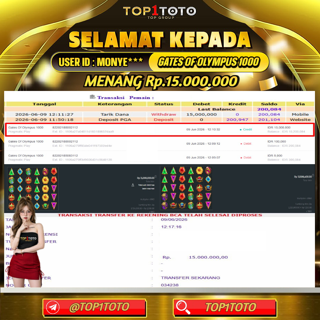 TOP1TOTO JACKPOT SLOT GATES OF OLYMPUS 1000 Rp.15.000.000 - LUNAS USER ID : MONYE***