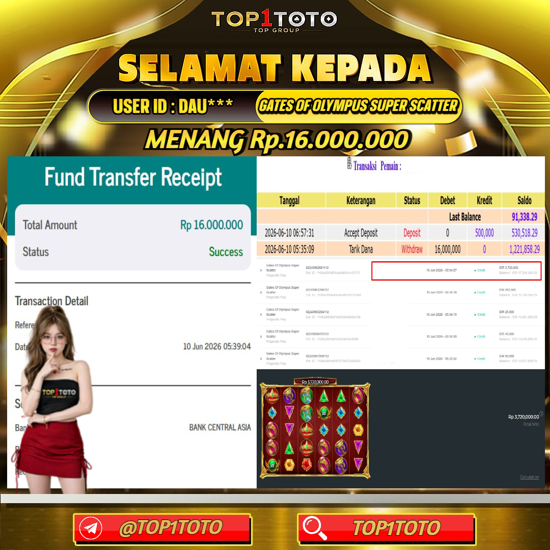 TOP1TOTO JACKPOT SLOT GATES OF OLYMPUS SUPER SCATTER Rp.16.000.000 - LUNAS USER ID : DAU***