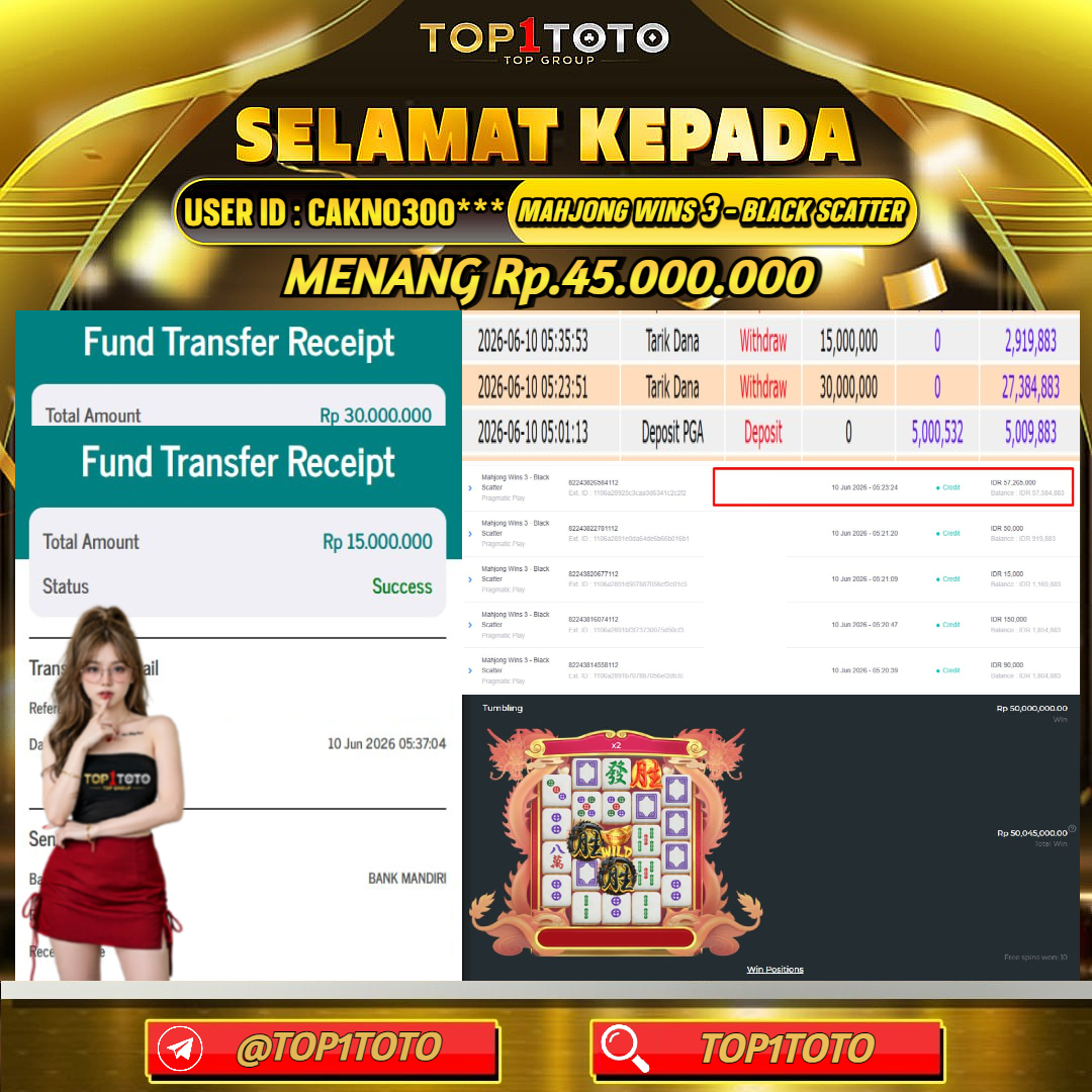 TOP1TOTO JACKPOT SLOT MAHJONG WINS 3 - BLACK SCATTER Rp 45.000.000 - LUNAS USER ID : CAKNO300***