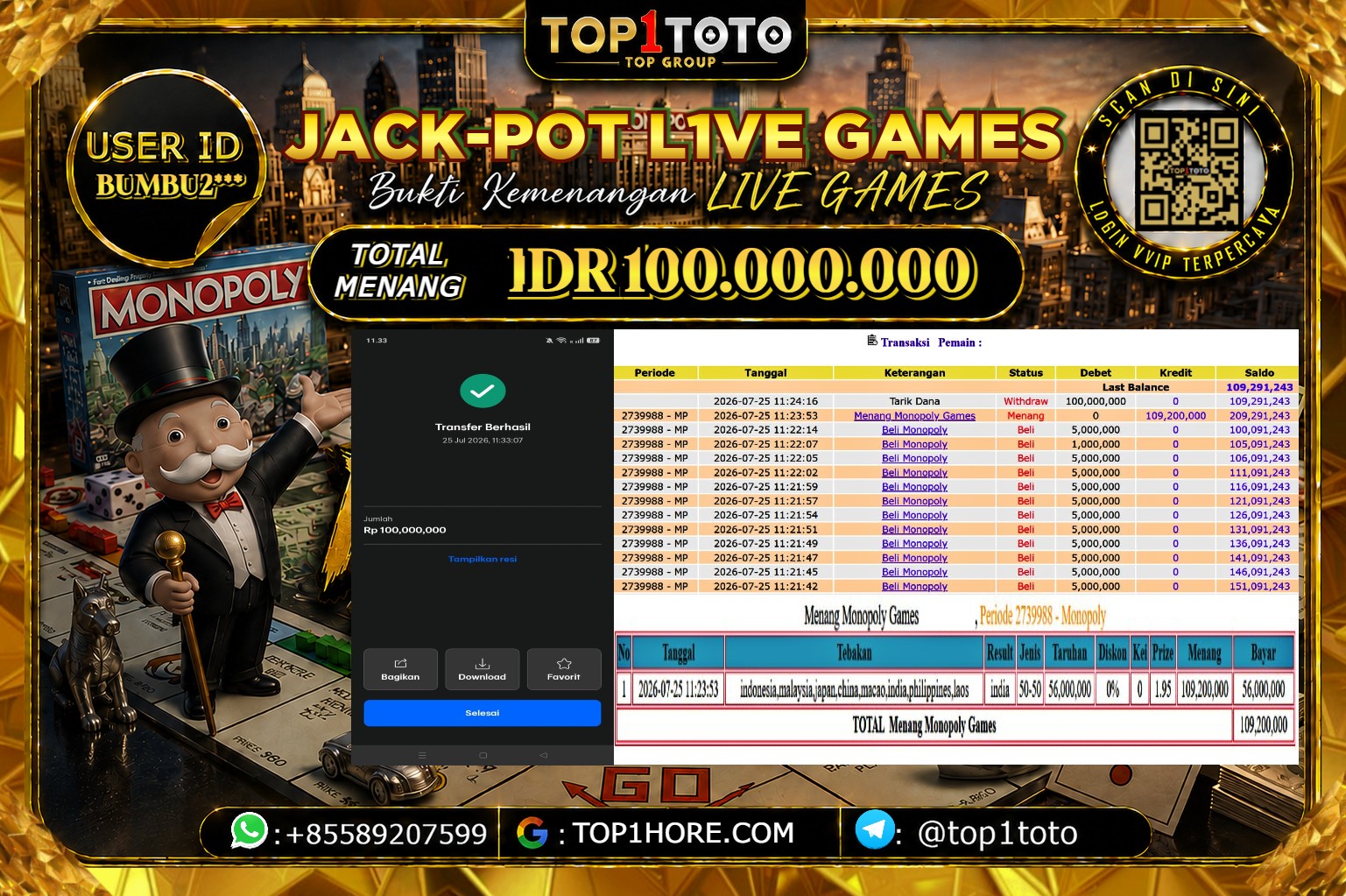 TOP1TOTO JACKPOT LIVE GAMES  MONOPOLY Rp.100.000.000 - LUNAS USER ID : BUMBU2***