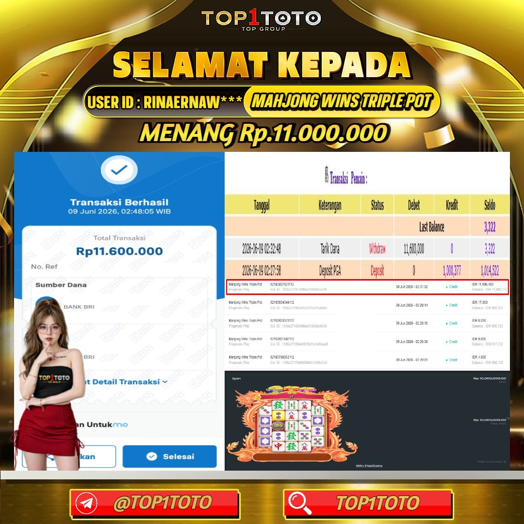 TOP1TOTO JACKPOT SLOT MAHJONG WINS TRIPLE POT Rp.11.000.000 - LUNAS USER ID : RINAERNAW***