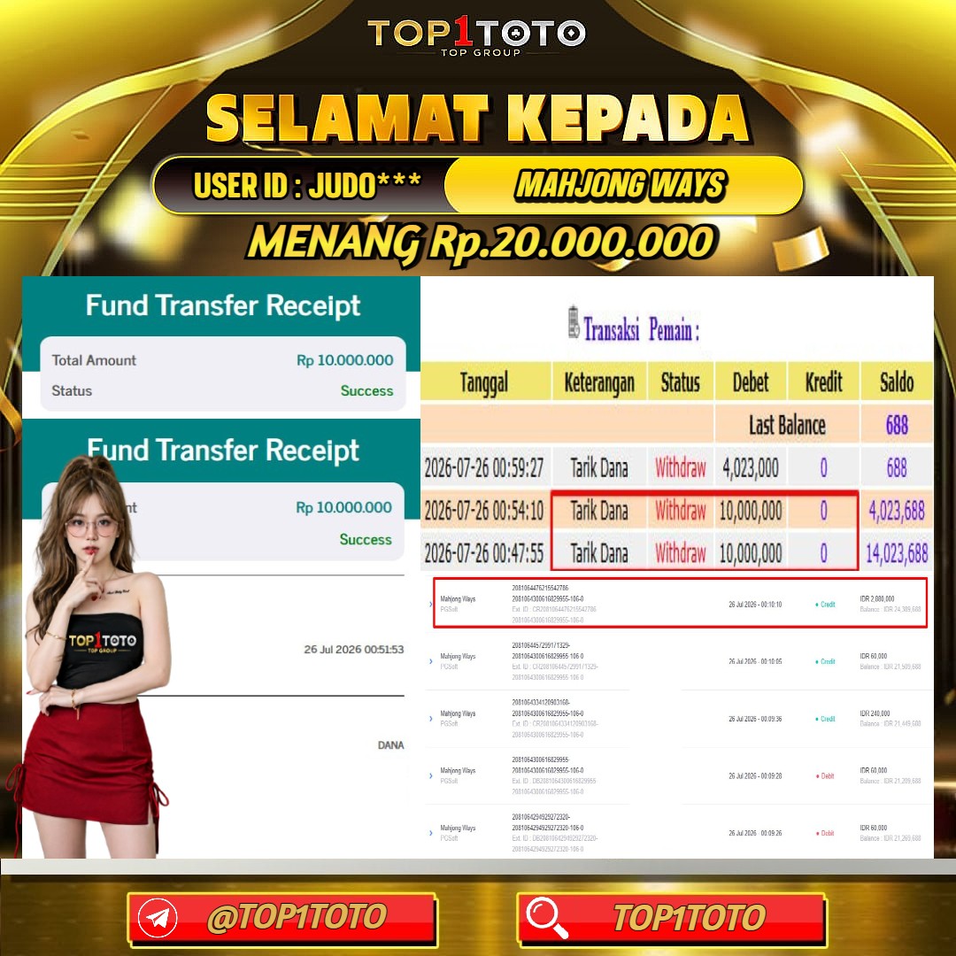 TOP1TOTO JACKPOT SLOT MAHJONG WAYS Rp.20.000.000 - LUNAS USER ID : JUDO***