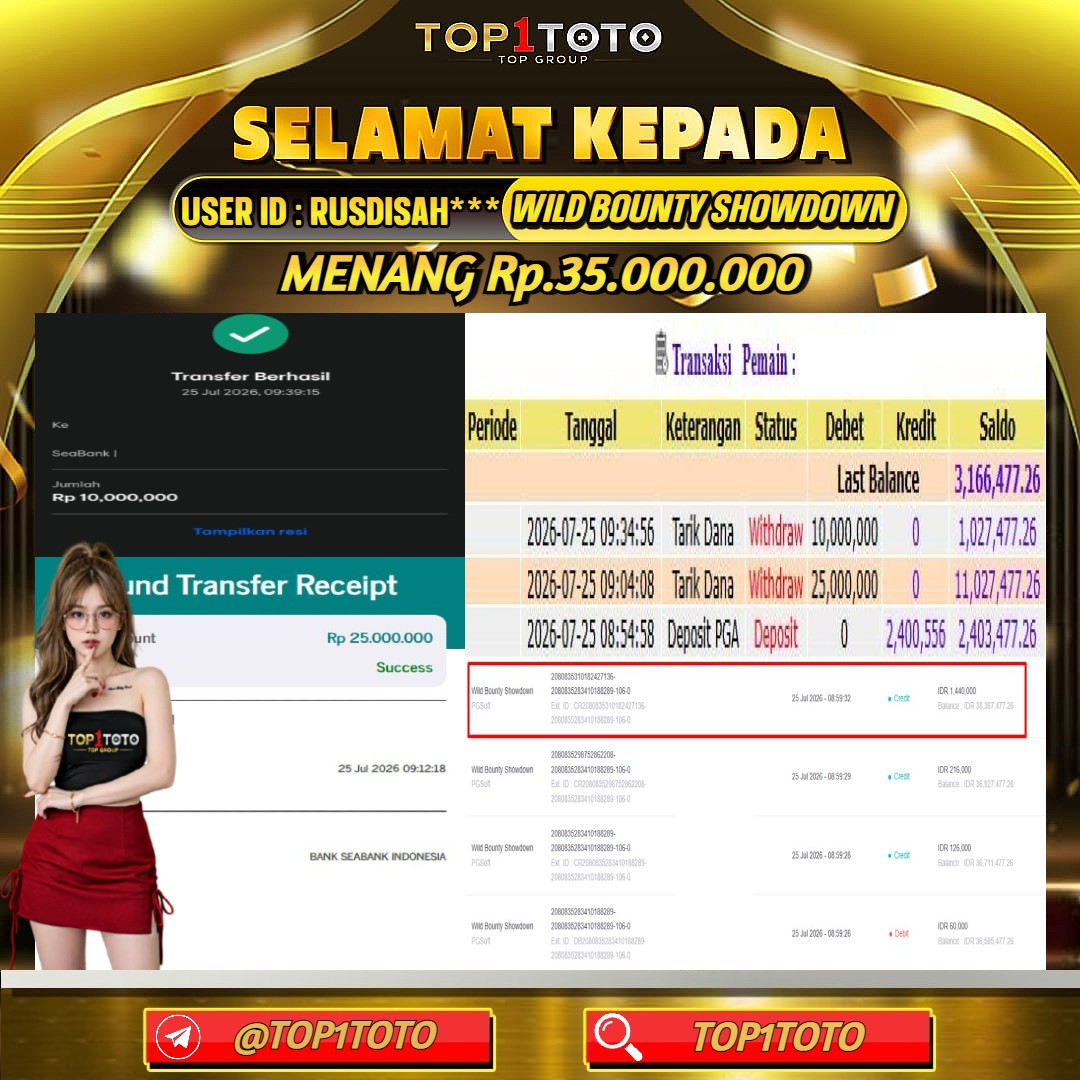 TOP1TOTO JACKPOT SLOT WILD BOUNTY SHOWDOWN Rp.35.000.000 - LUNAS USER ID : RUSDISAH***