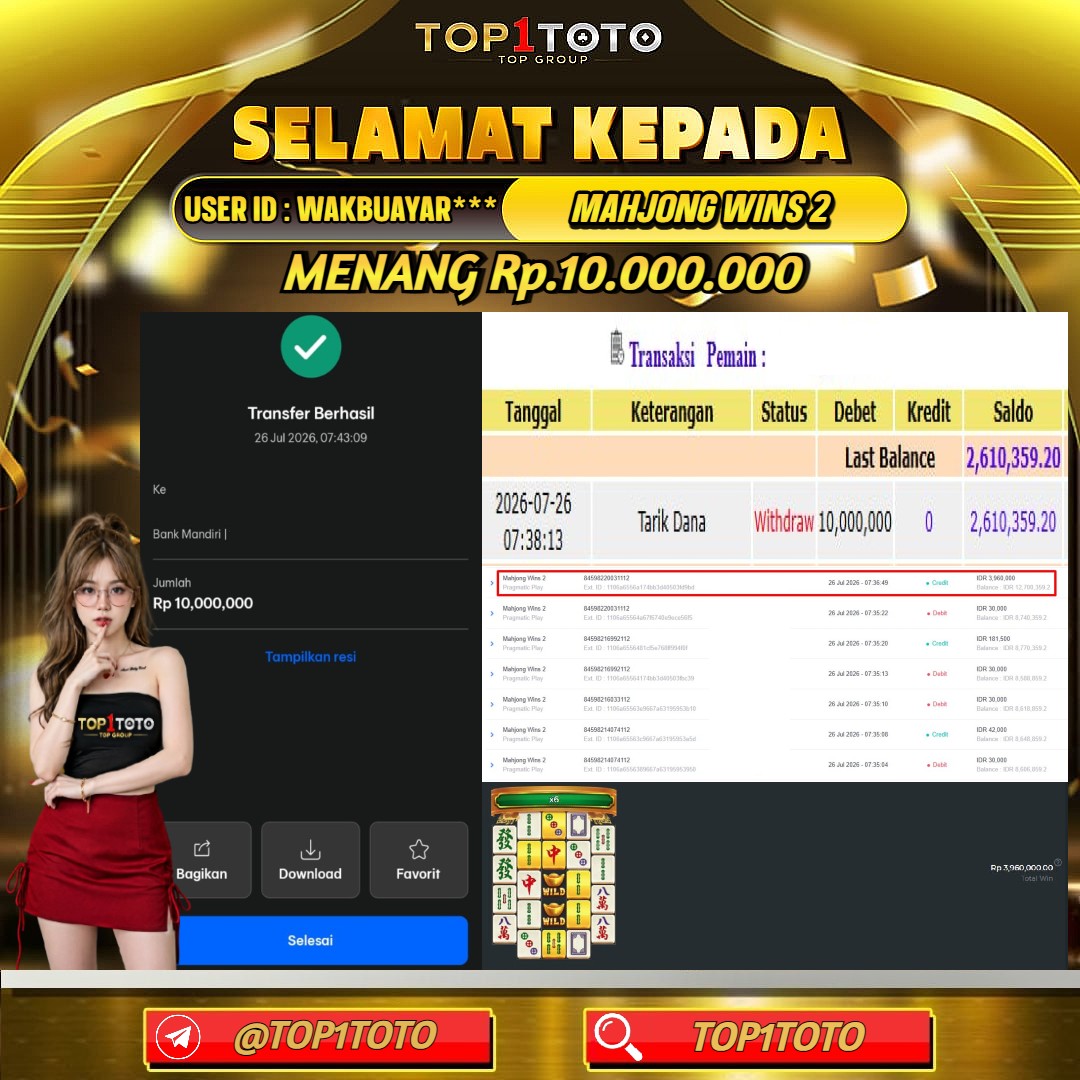 TOP1TOTO JACKPOT SLOT MAHJONG WINS 2 Rp.10.000.000 - LUNAS USER ID : WAKBUAYAR***