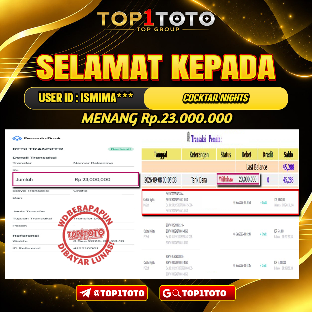 TOP1TOTO JACKPOT SLOT COCKTAIL NIGHTS Rp.23.000.000 - LUNAS USER ID : ISMIMA***