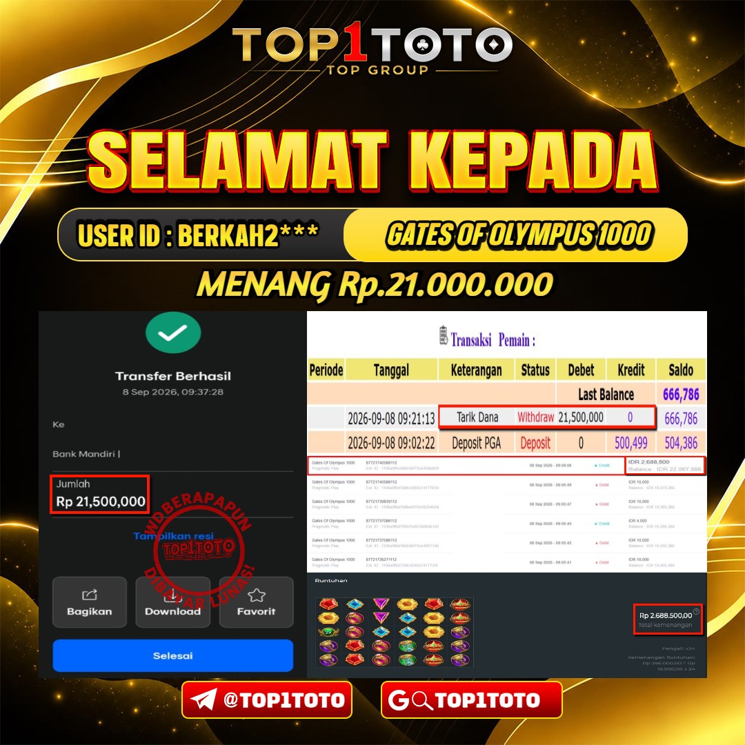 TOP1TOTO JACKPOT SLOT GATES OF OLYMPUS 1000 Rp.21.000.000 - LUNAS USER ID : BERKAH2***