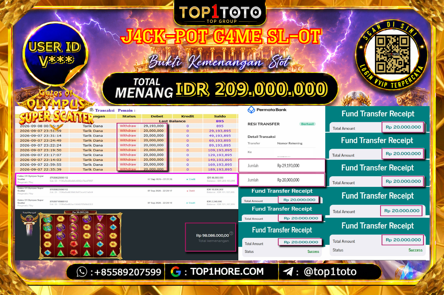TOP1TOTO JACKPOT SLOT GATES OF OLYMPUS SUPER SCATTER Rp.209.000.000 - LUNAS USER ID : V***