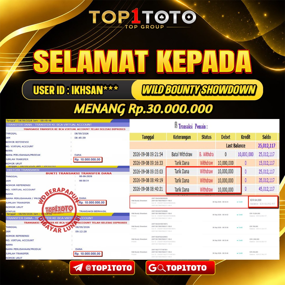 TOP1TOTO JACKPOT SLOT WILD BOUNTY SHOWDOWN Rp.30.000.000 - LUNAS USER ID : IKHSAN***