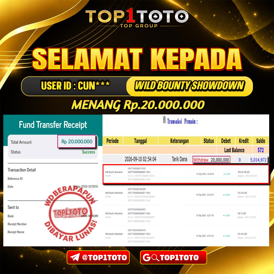 TOP1TOTO JACKPOT SLOT WILD BOUNTY SHOWDOWNRp 20.000.000 - LUNAS USER ID:CUN***