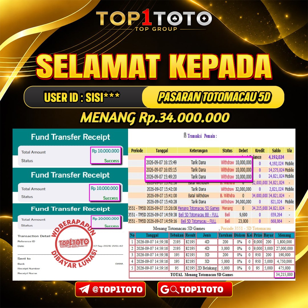 TOP1TOTO JACKPOT TOGEL PASARAN TOTOMACAU 5D Rp.34.000.000 - LUNAS USER ID : SISI***
