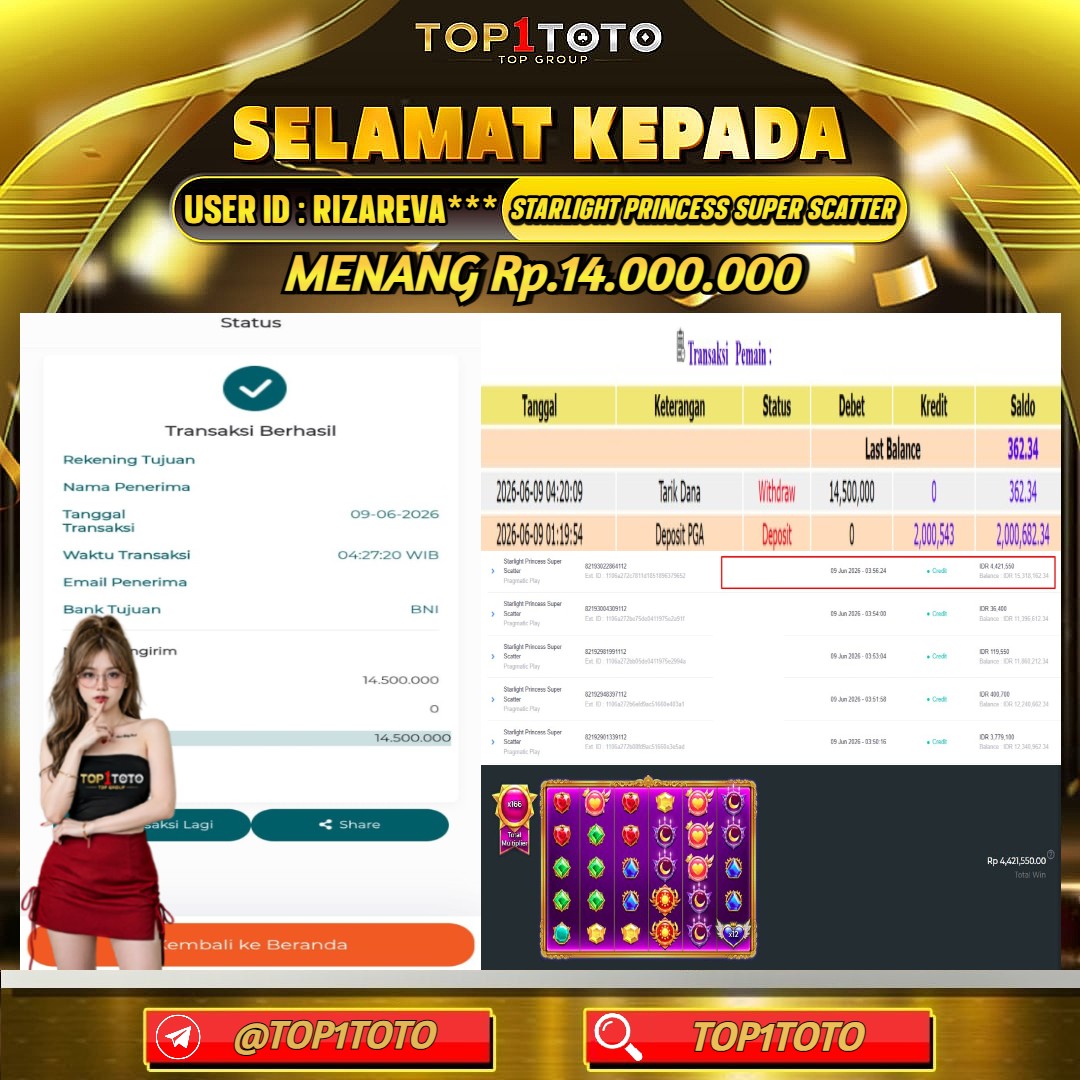 TOP1TOTO JACKPOT SLOT STARLIGHT PRINCESS SUPER SCATTER Rp 14.000.000 - LUNAS USER ID : RIZAREVA***