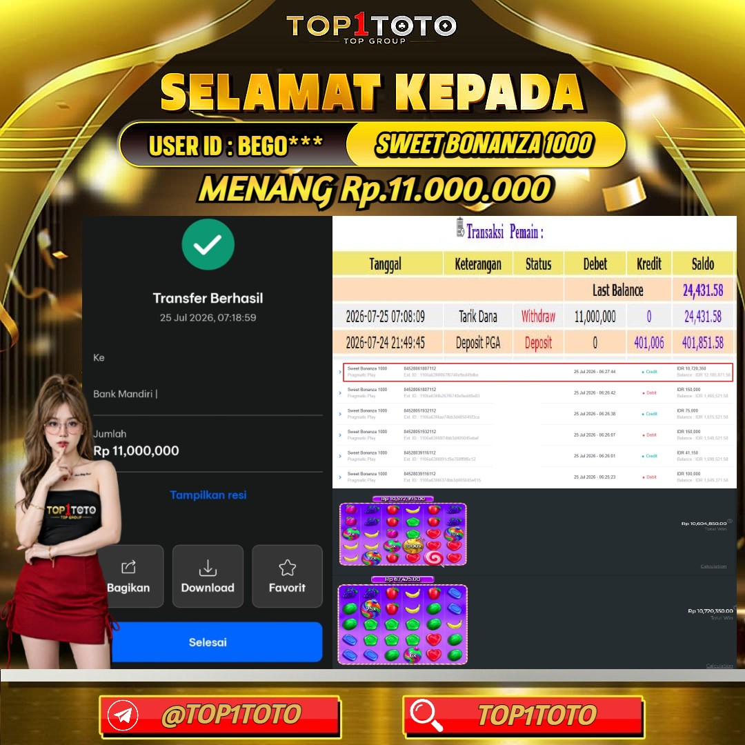 TOP1TOTO JACKPOT SLOT SWEET BONANZA 1000 Rp.11.000.000 - LUNAS USER ID : BEGO***