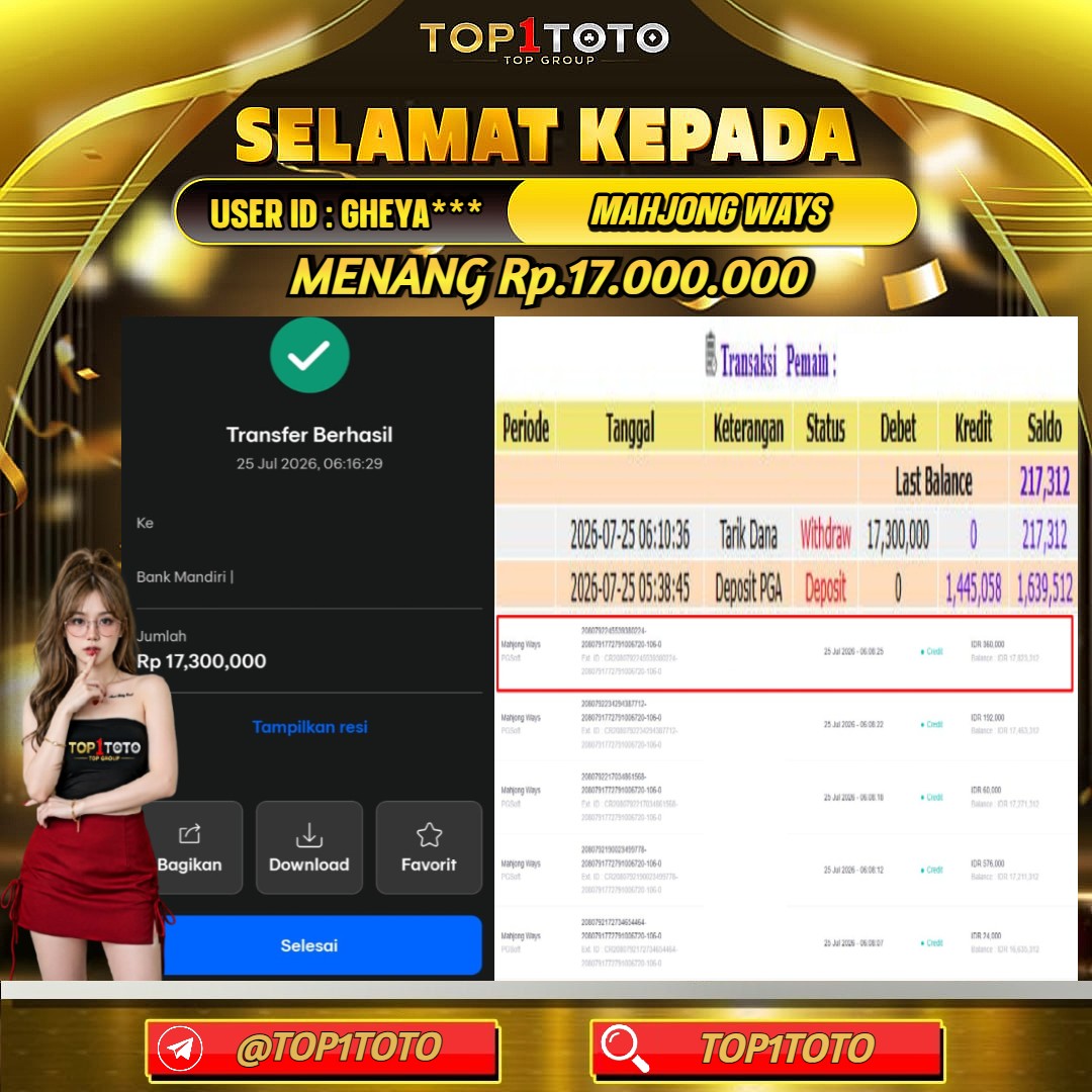 TOP1TOTO JACKPOT SLOT MAHJONG WAYS Rp.17.000.000 - LUNAS USER ID : GHEY***