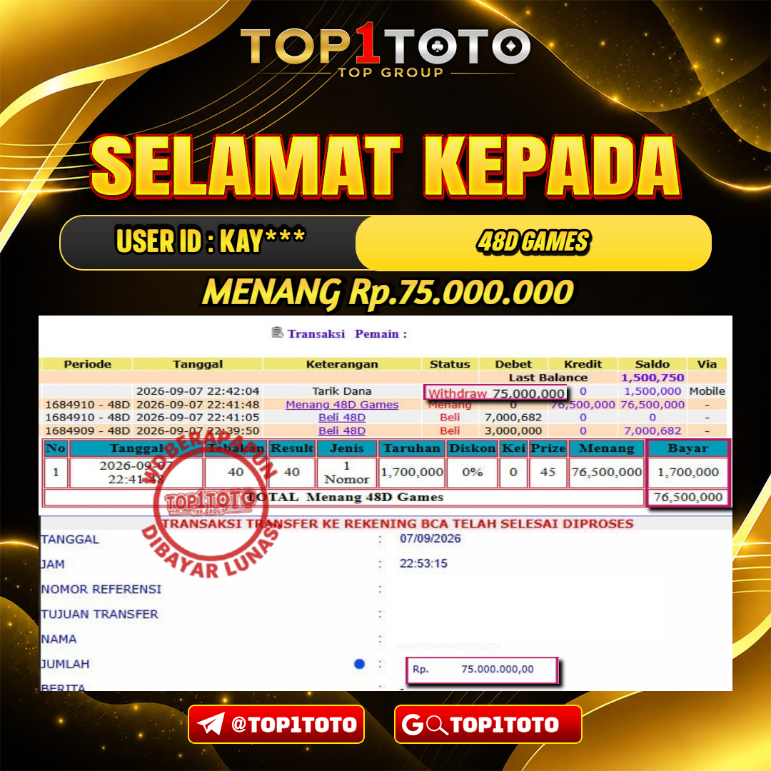 TOP1TOTO JACKPOT LIVE GAMES 48D GAMES Rp.75.000.000 - LUNAS USER ID : KAY***