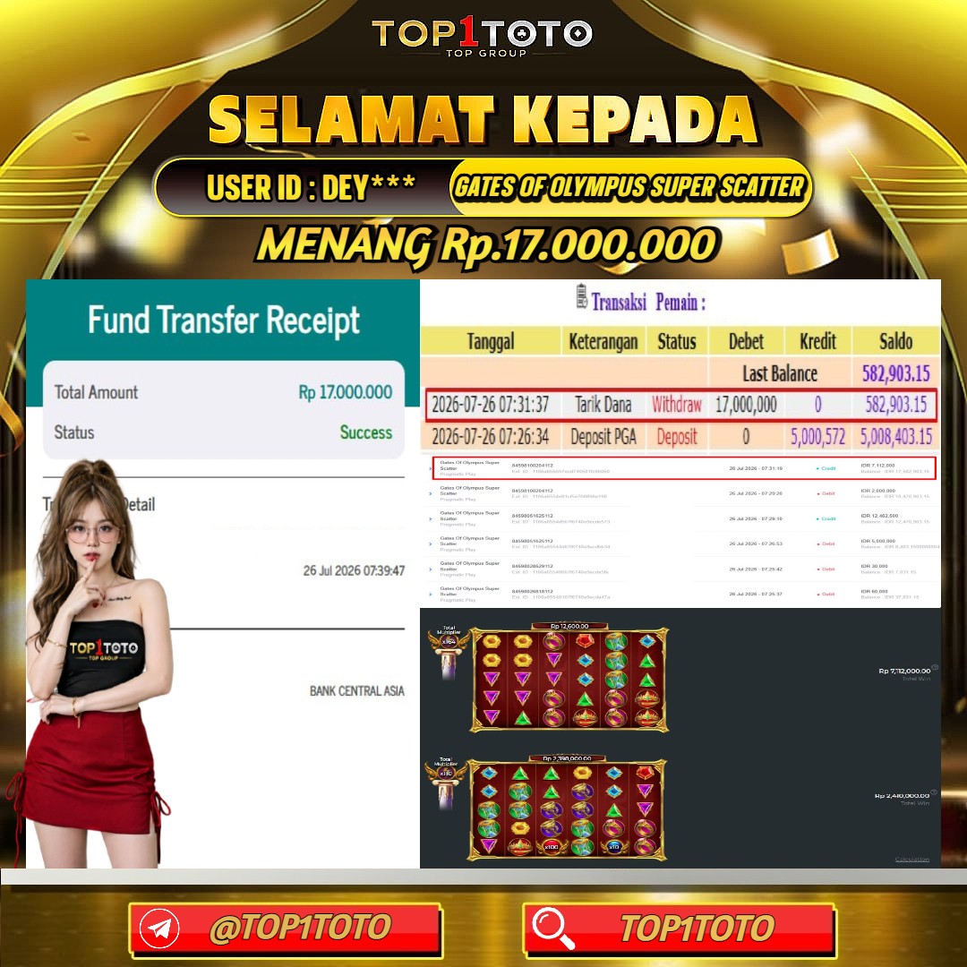 TOP1TOTO JACKPOT SLOT GATES OF OLYMPUS SUPER SCATTER Rp.17.000.000 - LUNAS USER ID : DEY***