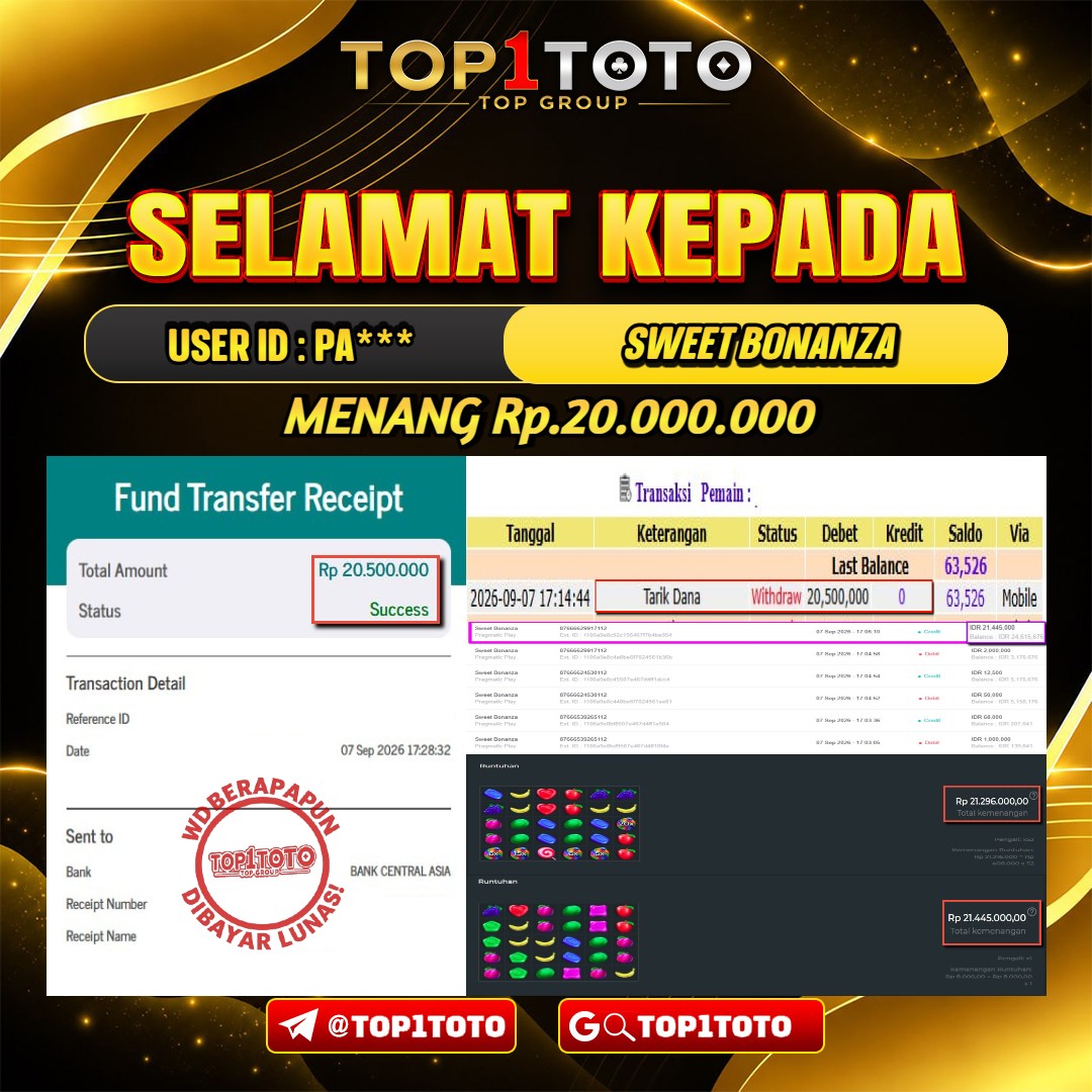 TOP1TOTO JACKPOT SLOT SWEET BONANZA Rp.20.000.000 - LUNAS USER ID : PA***