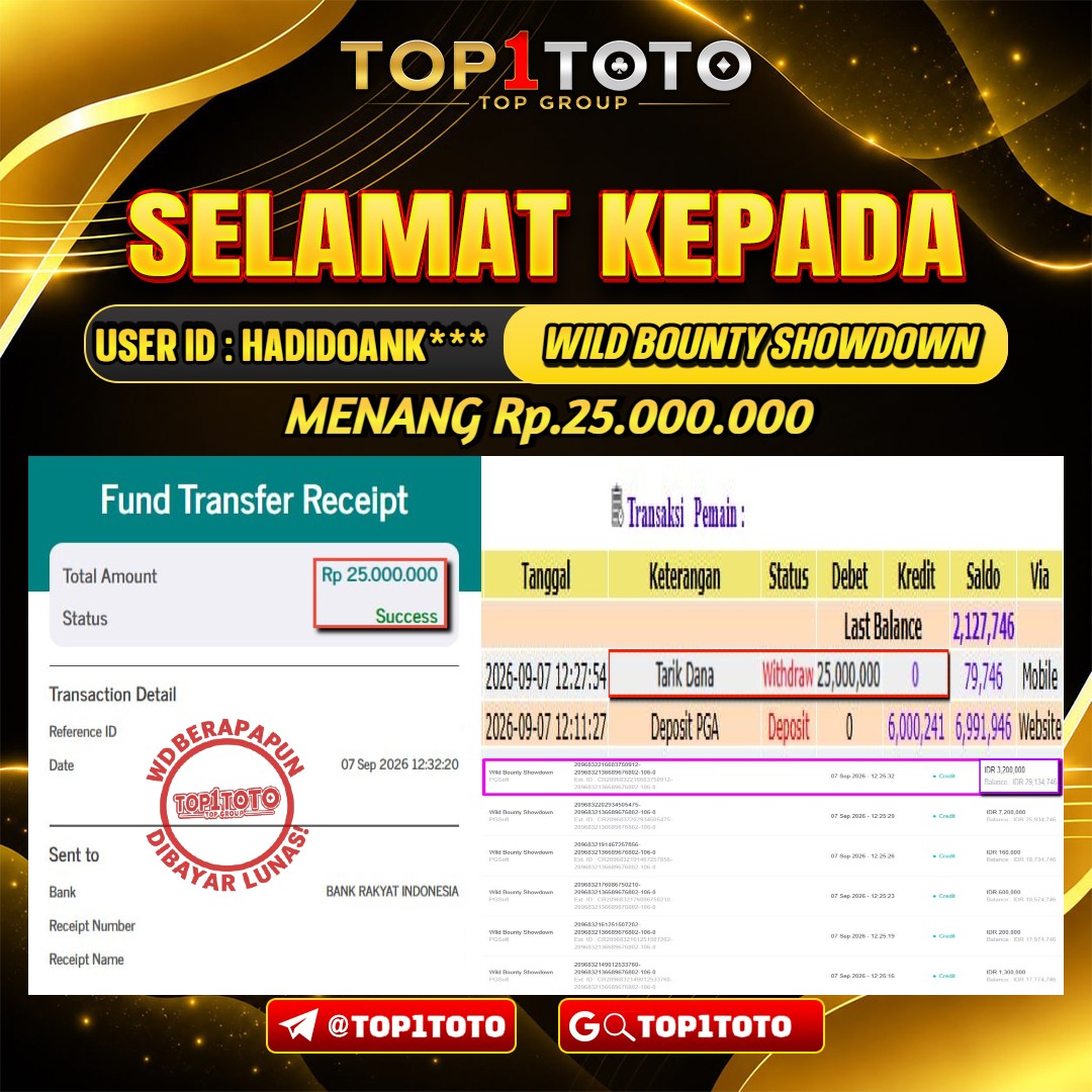 TOP1TOTO JACKPOT SLOT WILD BOUNTY SHOWDOWN Rp.25.000.000 - LUNAS USER ID : HADIDOANK***